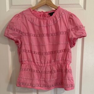 J. Crew Bright Pink Lace-Trim Short-Sleeve Peplum Top